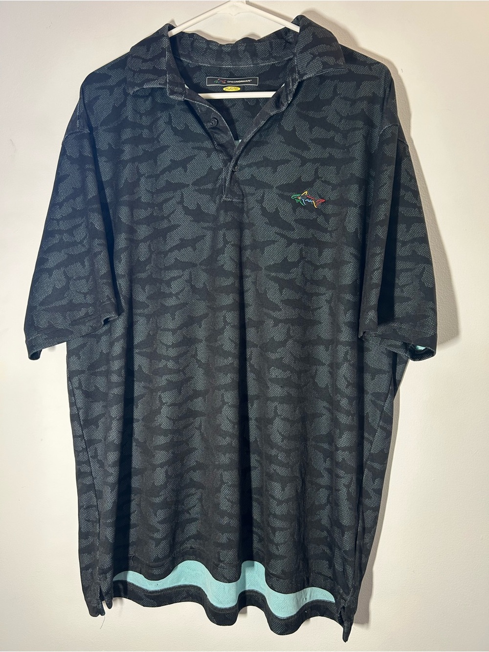 Greg Norman Collection Black Shark-Print Polo with Mint Trim